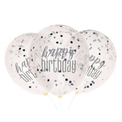 6 Balões Latex 12'' com confettis 'Happy Bday' Preto & Prateado