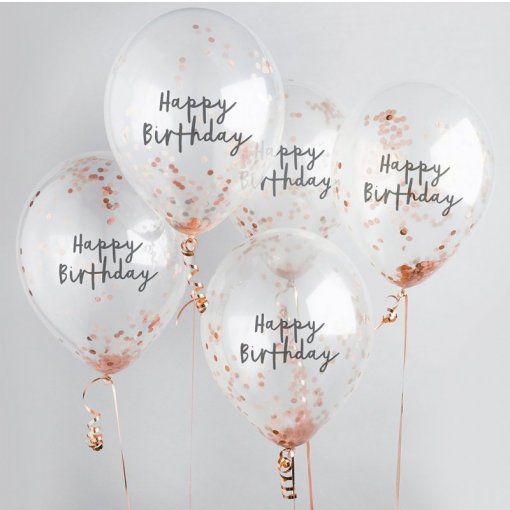 5 Balões Latex 30cm Confettis Happy Birthday Rose Gold