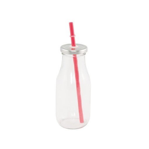 Copo de Vidro 250ml com Tampa de Metal & Palhinha 