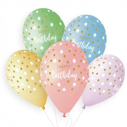 50 Balões latex 12'' Happy Birthday & Golden dots
