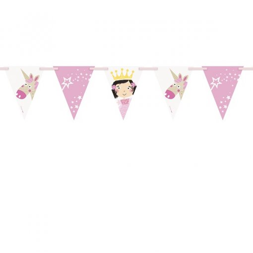 Bandeira Triangular Papel 2,75m Pink Princess & Unicorn